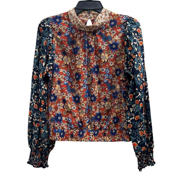 Umgee Floral Smocked Long Sleeve Metallic Threading Blouse Nwot Sz M